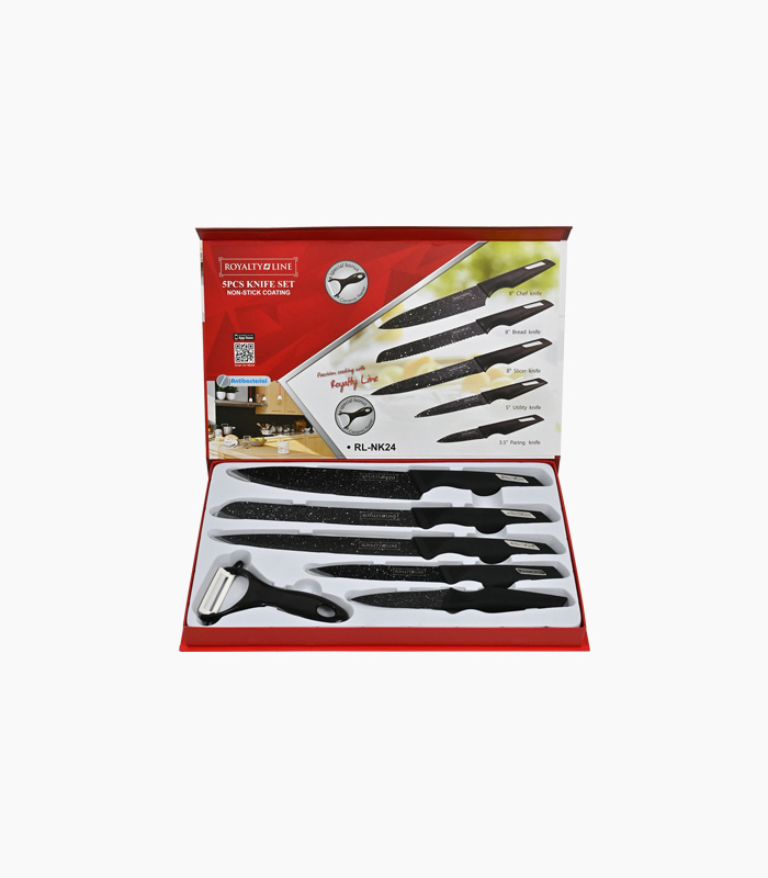 Set noževa Royalty Line Otvorena kutija sa setom noževa brenda Rojalty Line. Set Noževa Royalty Line dolazi s 5 komada noževa i jednim guljačem gratis.